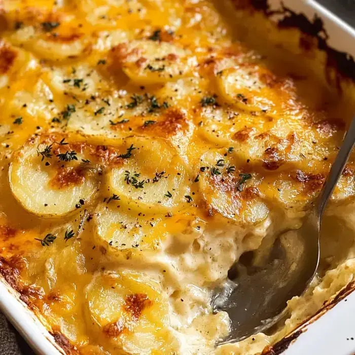 Golden cheesy potato casserole with bubbling cheese and fresh herbs on top.