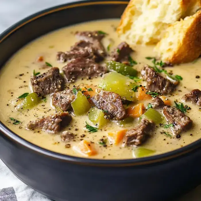 A warm bowl filled with creamy steak soup topped with freshly toasted croutons and sautéed peppers.