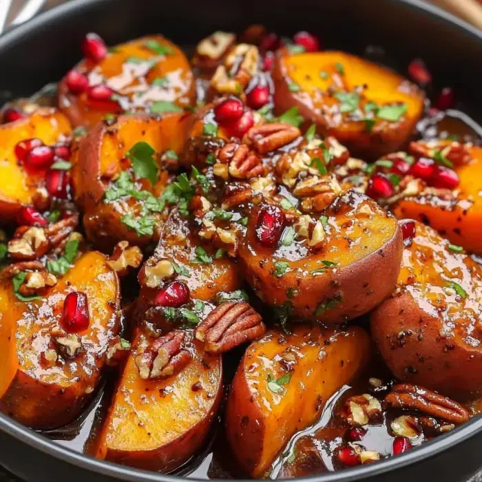 Close-up of glazed sweet potatoes with toasted pecans, pomegranate, and fresh herbs.