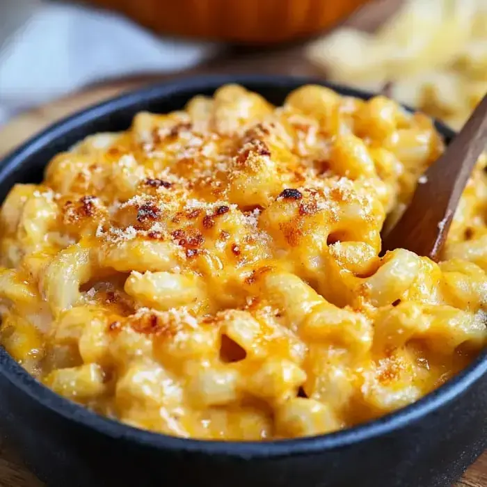 A bowl of creamy baked pasta with golden breadcrumbs on top.