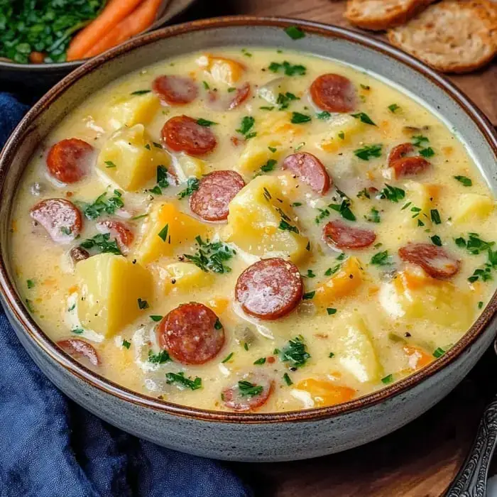 A bowl of cheesy potato soup with crispy sausages, fresh veggies, and parsley on top. Pure comfort.