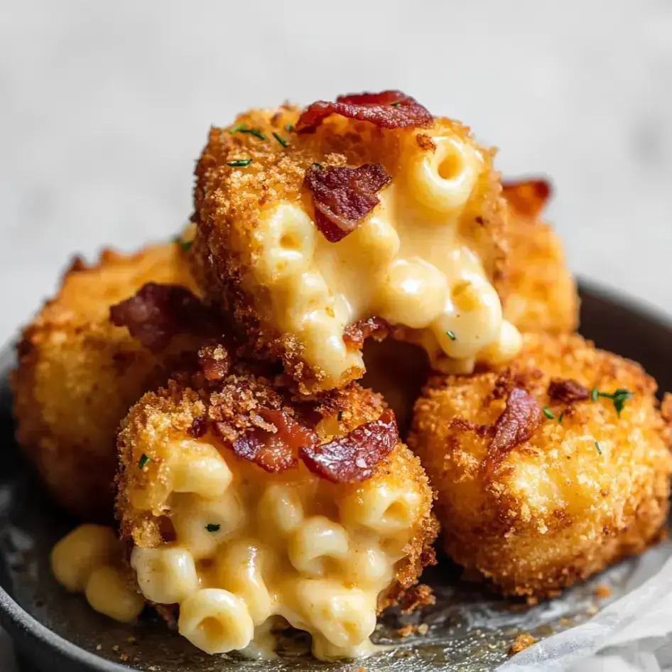 Stacks of crunchy, fried mac and cheese bites with bacon inside, showing gooey cheese and tender pasta in the center.