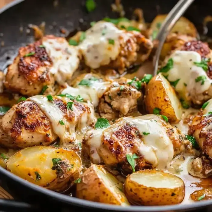Golden chicken with melted cheese nestled amongst crispy potatoes in a skillet, topped with herbs.