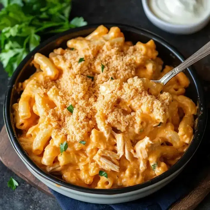 A bowl of cheesy mac with golden breadcrumbs and fresh parsley, served with a dollop of sour cream on the side.