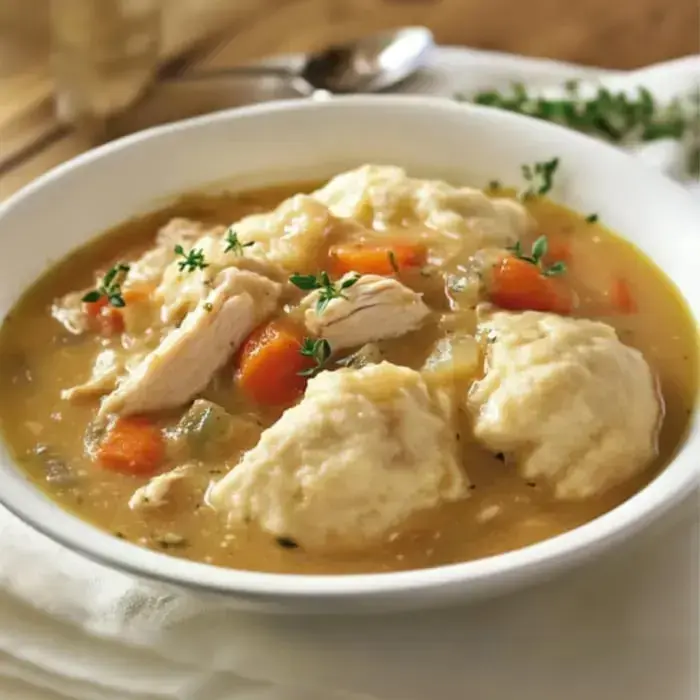 A warm bowl of chicken and dumplings, rich broth, colorful carrots, and herbs on top.