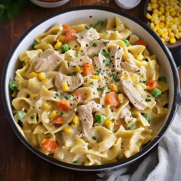 A creamy pasta dish with chicken, carrots, peas, and corn in a bowl.