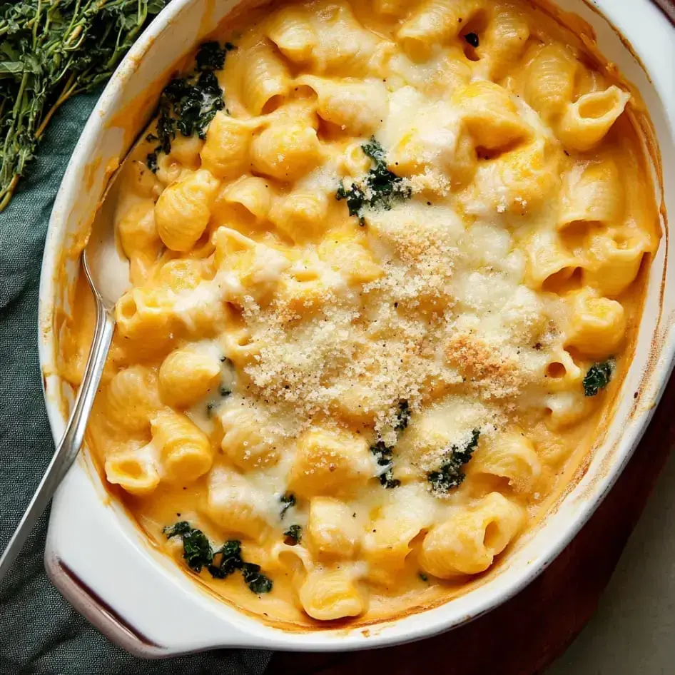 A creamy pasta bake with kale, topped with cheese and breadcrumbs, served in a white dish.