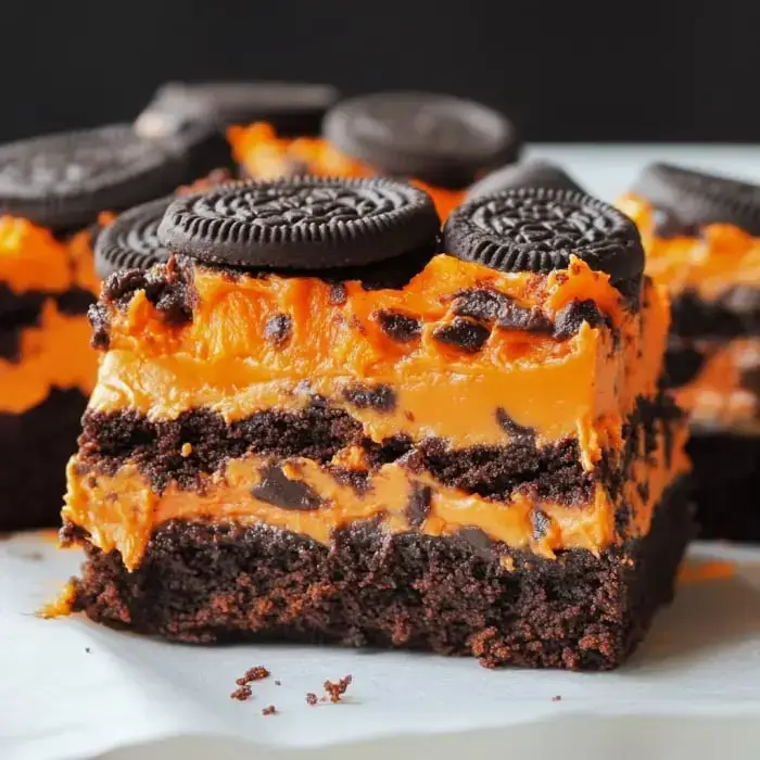 A decadent Halloween dessert with brownies, vibrant orange frosting, and Oreo pieces.