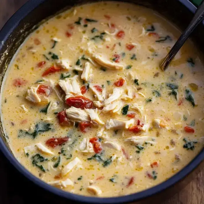 Creamy soup in a bowl with shredded chicken, spinach, and sun-dried tomatoes.