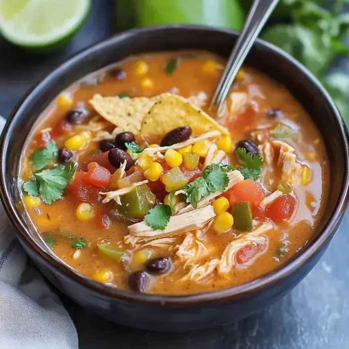 A hearty soup featuring shredded chicken, corn, black beans, and tomatoes, topped with crispy tortilla strips, with lime wedges in the background.
