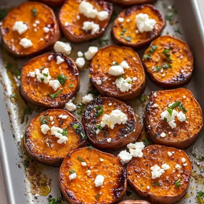 Crispy potato slices with feta crumbles and fresh herbs on a tray.