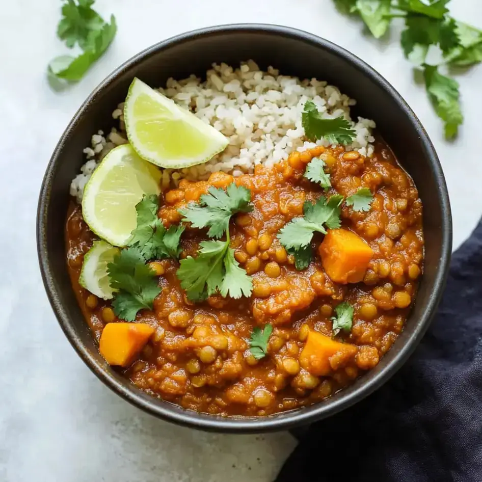 A comforting bowl of lentil and squash curry, garnished with lime and cilantro, served with rice on the side.