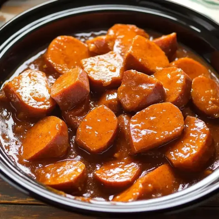 Close-up of sausage slices in a rich, reddish sauce inside a black dish.