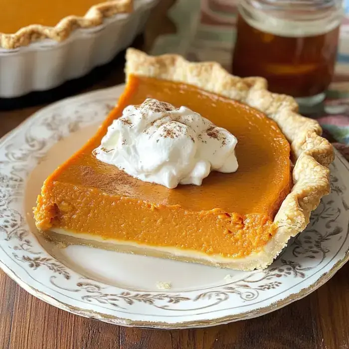 A decorative plate with a slice of sweet potato pie topped with whipped cream, alongside a whole pie and a jar in the background.