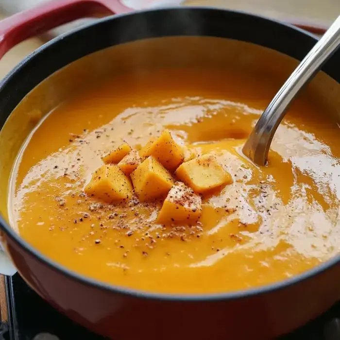 Warm orange soup in a pot with diced toppings and pepper.