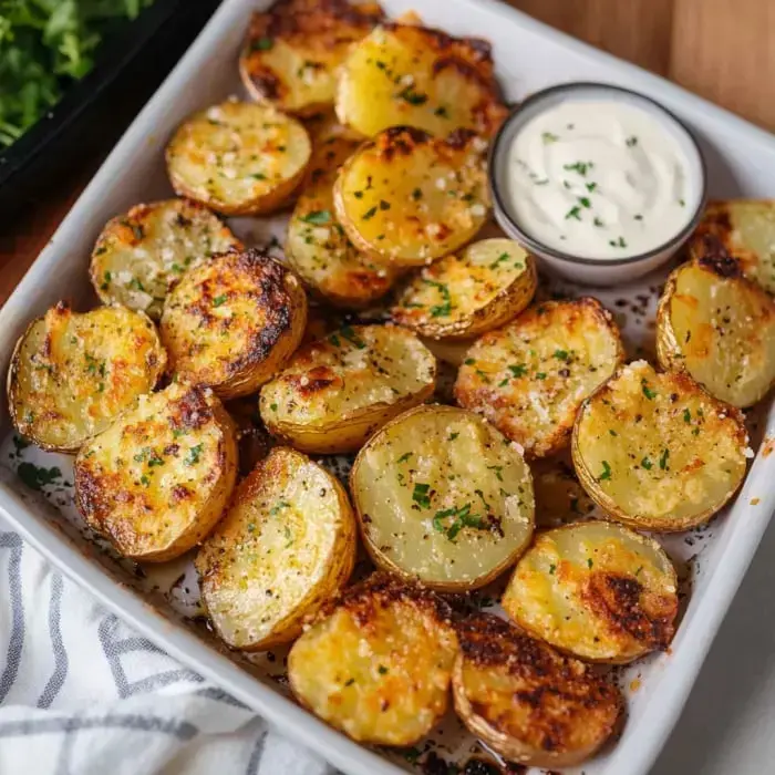 A dish of crispy golden potato slices topped with herbs, next to a small dipping bowl.