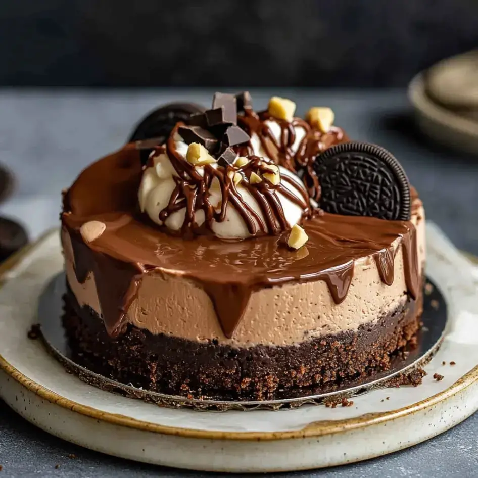 Rich chocolate cake topped with creamy ganache, Oreo crumbs, and chopped nuts on a smooth crust.