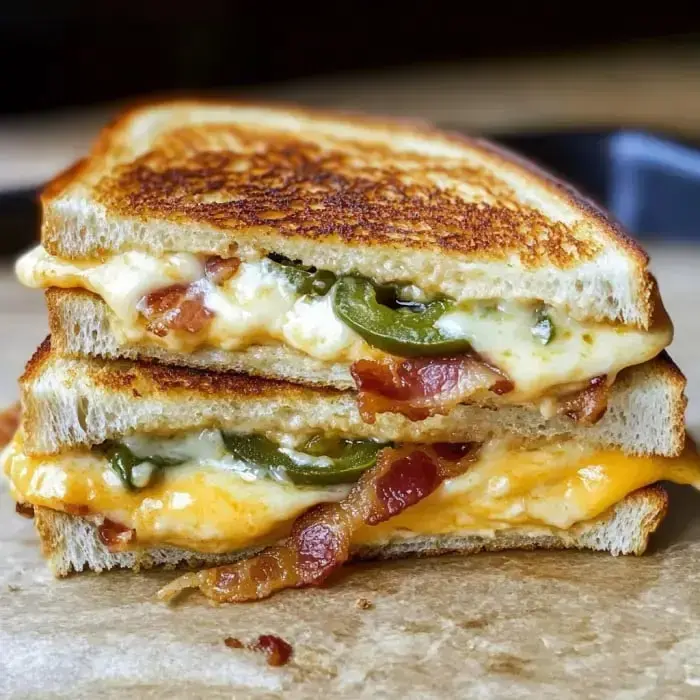 Crunchy toasted sandwich layers of bacon, jalapeños, and melted cheese stacked neatly.