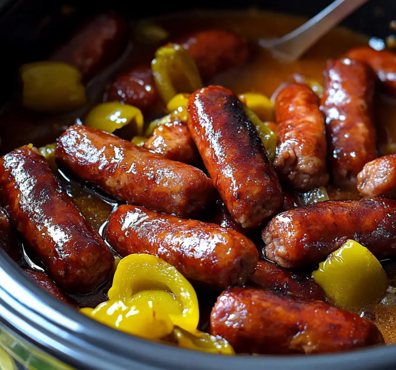 A close-up view of sausages in a rich sauce with yellow peppers inside a crockpot.