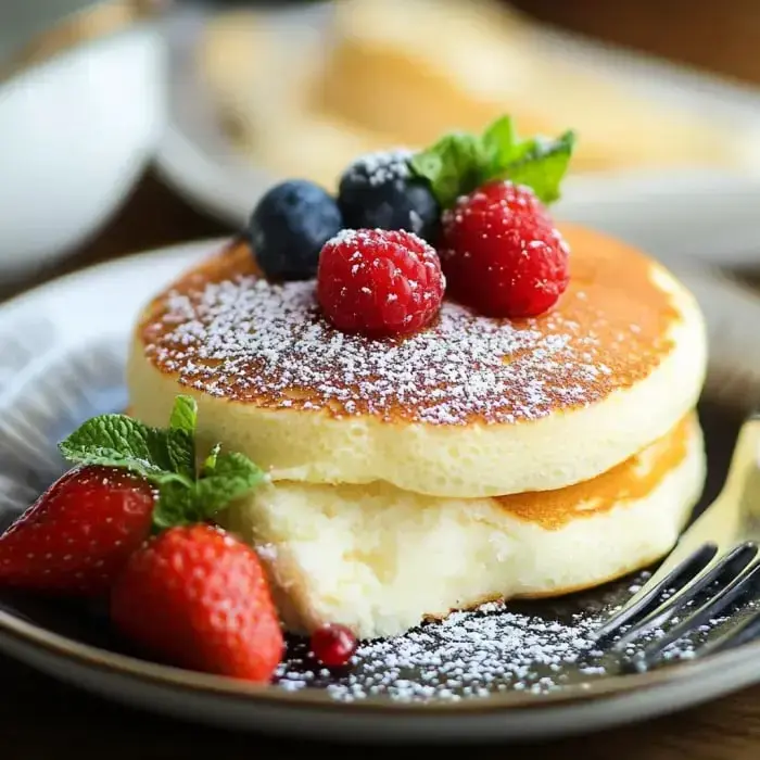 A delicate stack of fluffy pancakes dusted with sugar, topped with berries and mint leaves, alongside fresh strawberries.