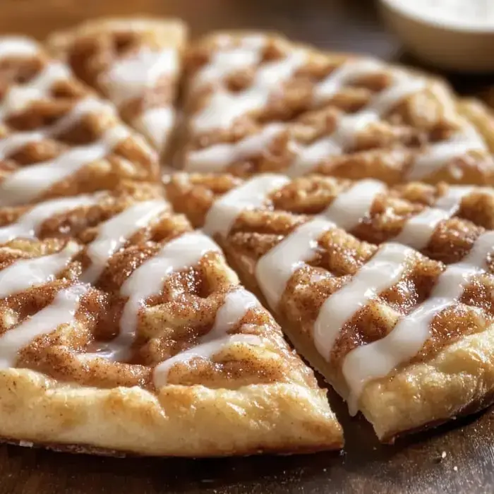 Close-up of buttery cinnamon-sugar triangles with vanilla drizzles on a wooden surface.