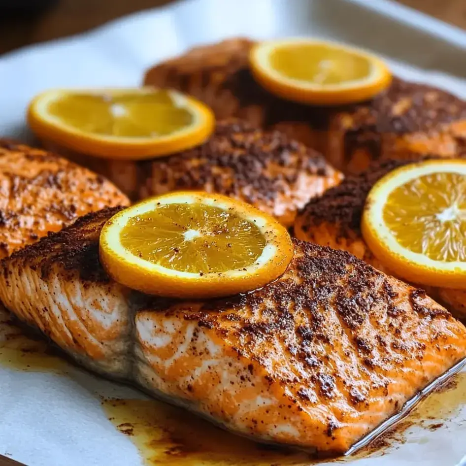 Seasoned salmon topped with fresh orange slices ready for baking, close-up view.