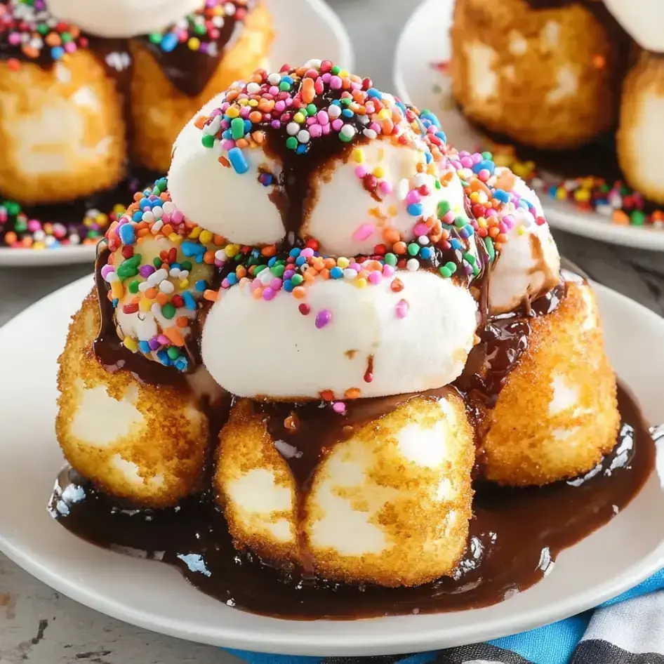 A plate piled high with golden-fried treats drizzled with chocolate and sprinkled in colorful toppings.