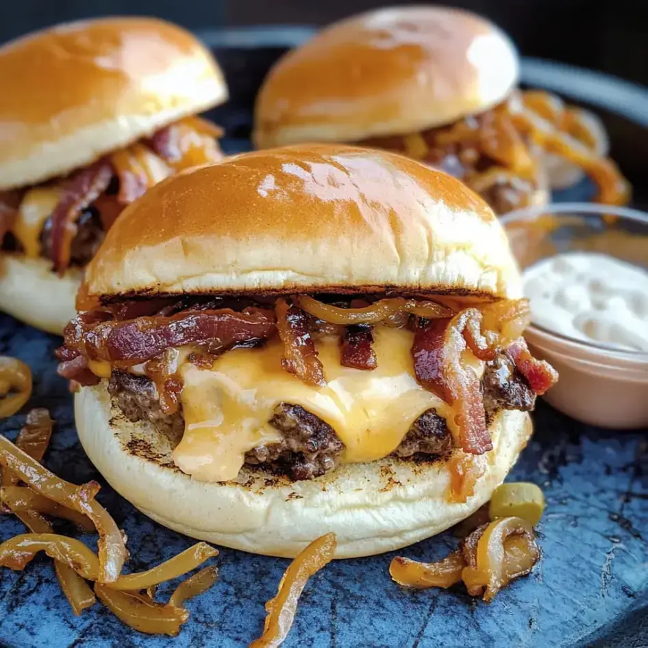 A juicy burger topped with cheddar, crispy bacon, and caramelized onions, served alongside a dipping sauce.
