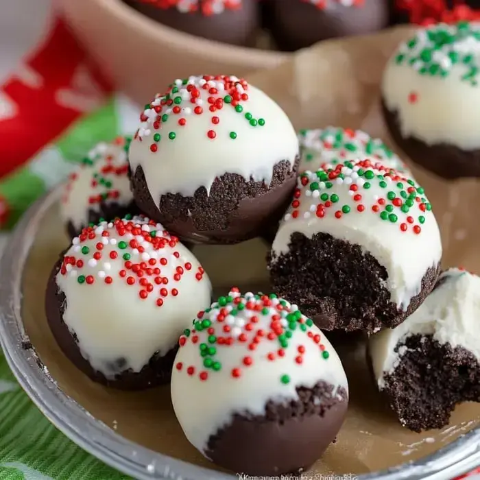 A dish full of chocolate-dipped cookie treats topped with colorful holiday sprinkles and icing.