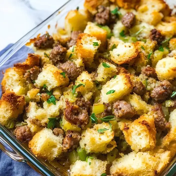 Close-up of sausage stuffing garnished with parsley.