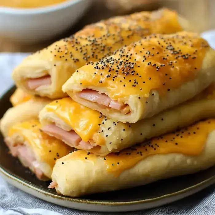 Ham-filled crescent rolls topped with cheese and poppy seeds on a plate.