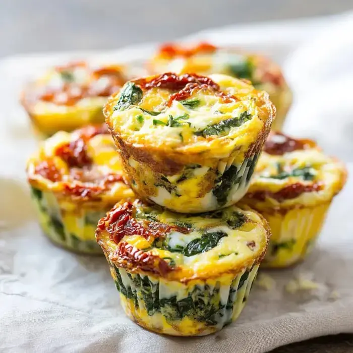 A pile of golden egg muffins made with spinach and tomatoes on a soft cloth background.