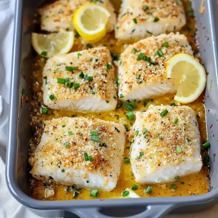Golden fish fillets with breadcrumbs, lemon slices, and green onions in a gray pan.