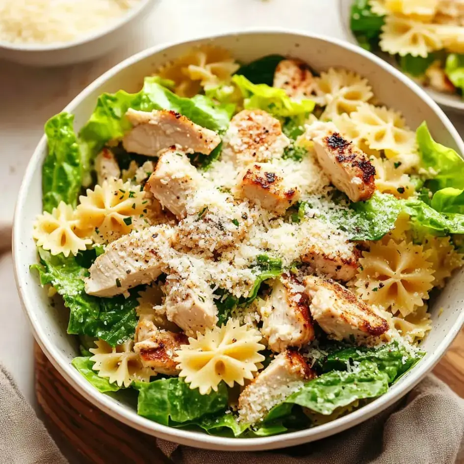 A salad bowl with grilled chicken, fresh lettuce, bowtie pasta, topped with cheese and herbs.