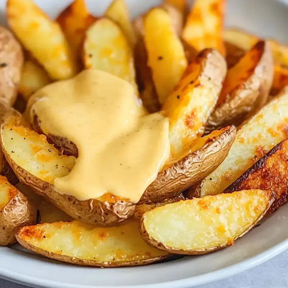 Crispy golden wedges drizzled with melted creamy cheese.