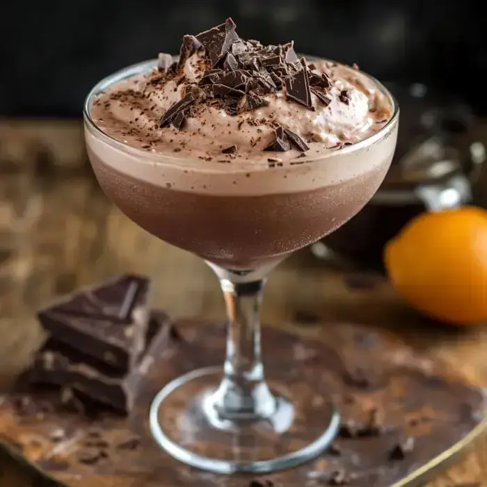 A creamy chocolate margarita served elegantly with chocolate pieces and lemon on the side.
