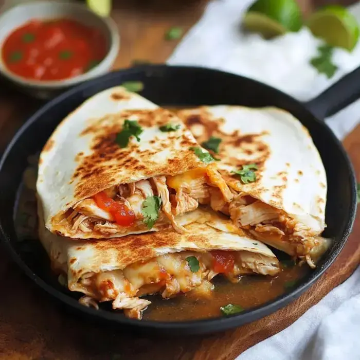 Three crispy, cheese-filled quesadillas with chicken, garnished with fresh herbs, served in a skillet and paired with salsa.