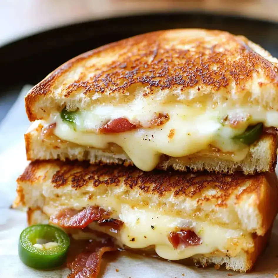 Close-up of a crispy grilled cheese with gooey bacon, jalapeños, and a golden toasted crust.