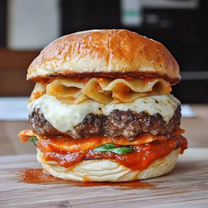 A juicy burger piled with marinara sauce, mozzarella, pasta, and beef between toasted buns.