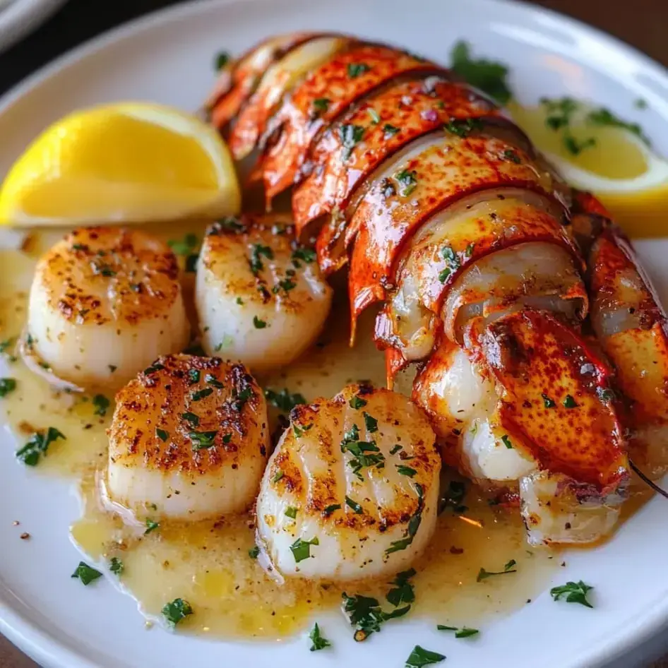 A delicious plate showcasing lobster tail and golden scallops, sprinkled with herbs and served with lemon slices.
