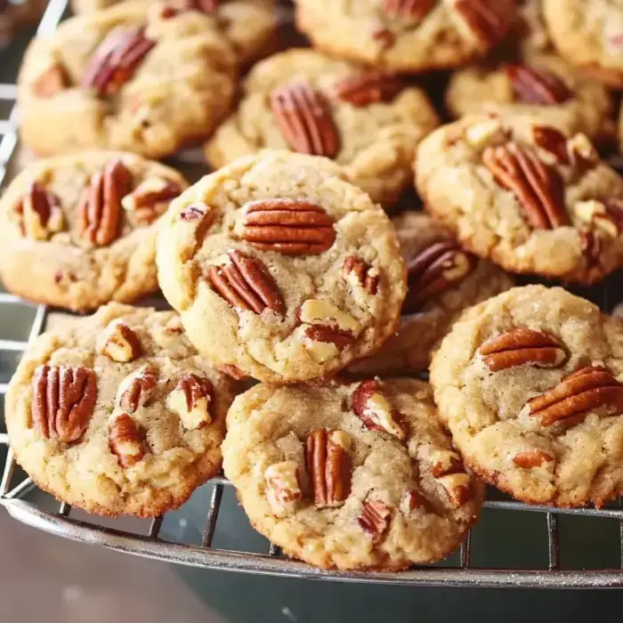 A close look at golden cookies topped with pecans sitting on a cooling rack.