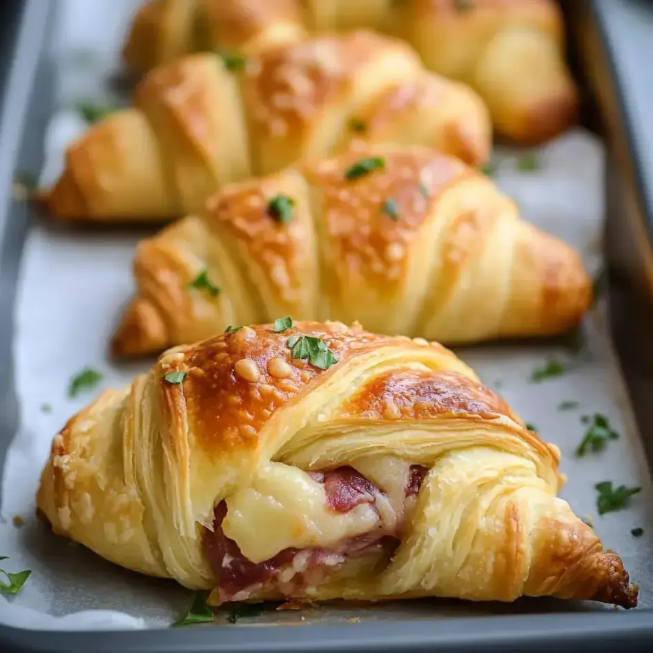 Golden crescent rolls stuffed with corned beef and Swiss cheese, topped with parsley on a baking tray.