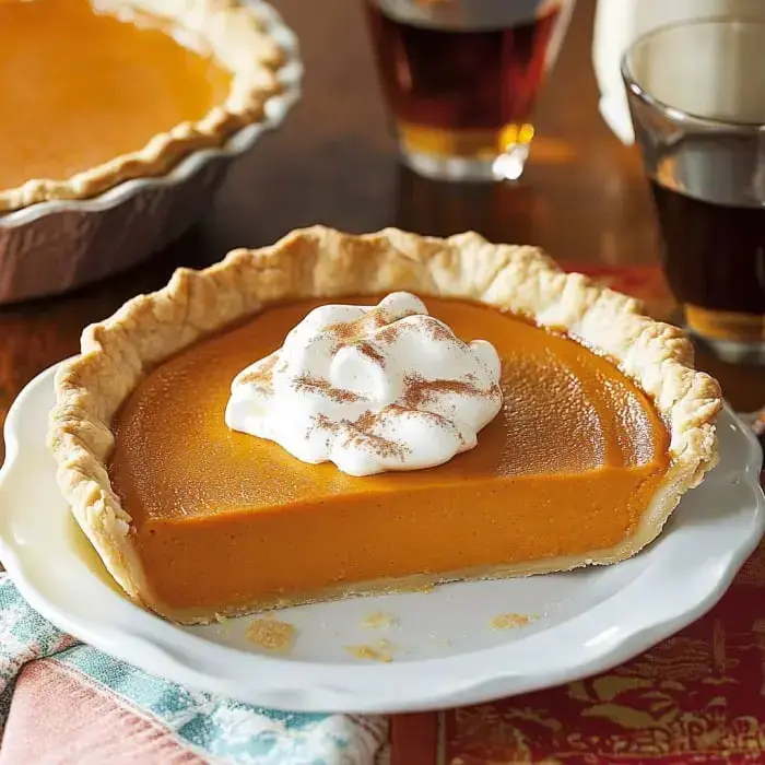 Slice of pumpkin pie with whipped cream and cinnamon on a white plate, a whole pie and drinks behind.