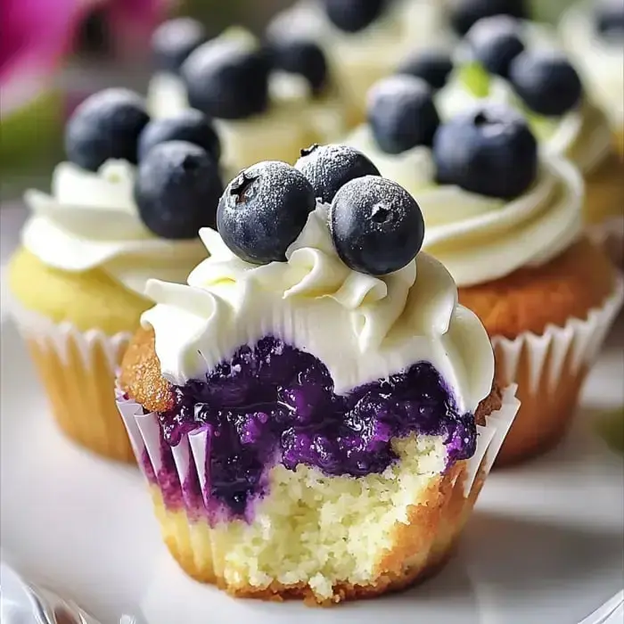 Cupcakes with fluffy white frosting, topped with blueberries, with one cupcake sliced to show its purple filling.