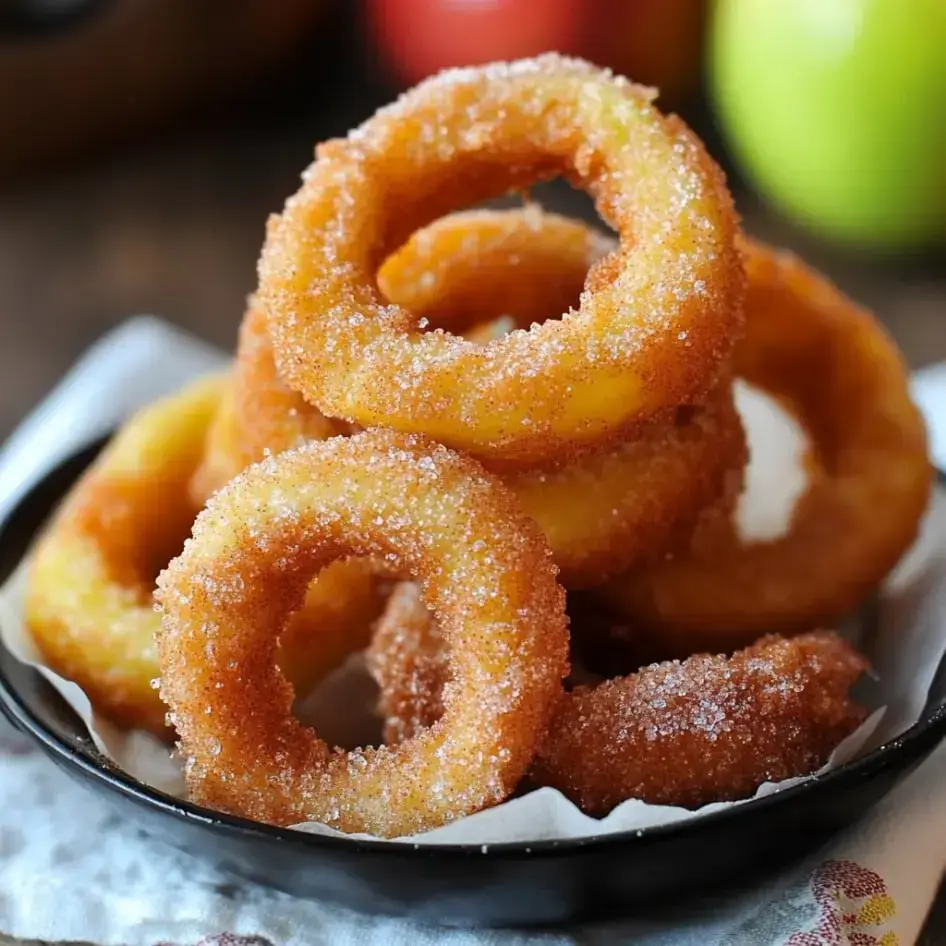 Golden cinnamon-sugar apple rings stacked on a plate, ready to enjoy.