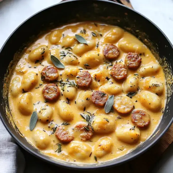 Butternut squash gnocchi with sausage and herbs in a creamy sauce.