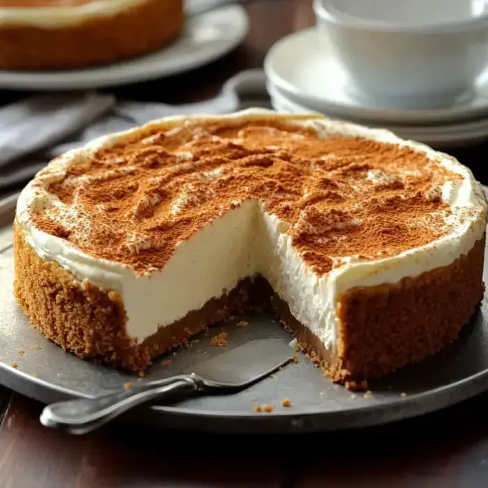 Smooth cheesecake with cracker crust, topped with cinnamon sprinkles, on a silver tray.