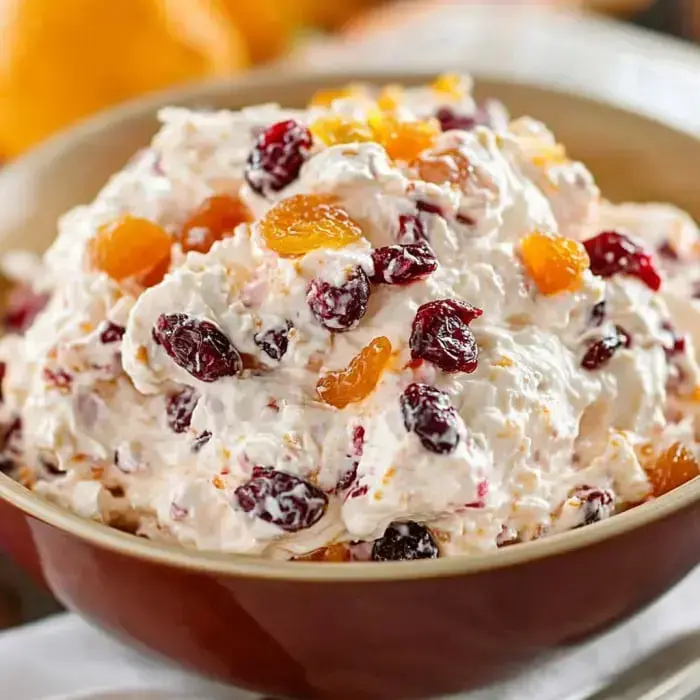 A creamy dip with cranberries and apricots in a bowl.