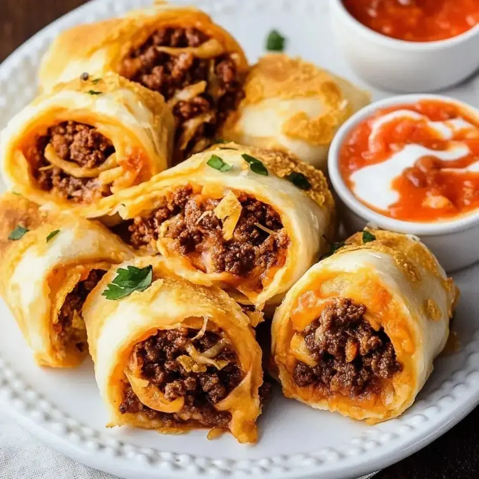 Golden tortilla rolls filled with cheesy beef, alongside dipping sauces and salsa.