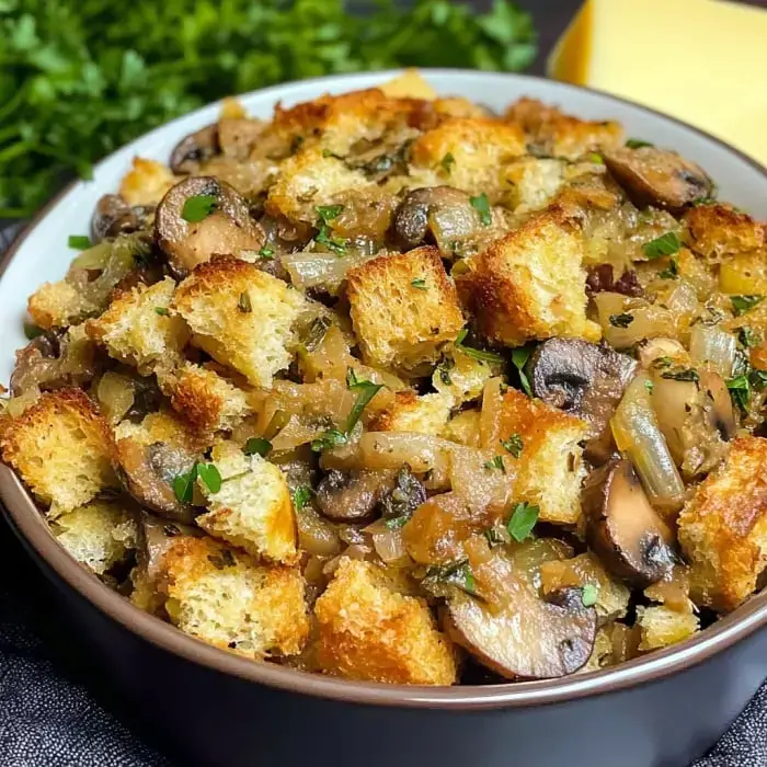 A savory stuffing made with toasted bread, mushrooms, onions, and herbs, topped with parsley.